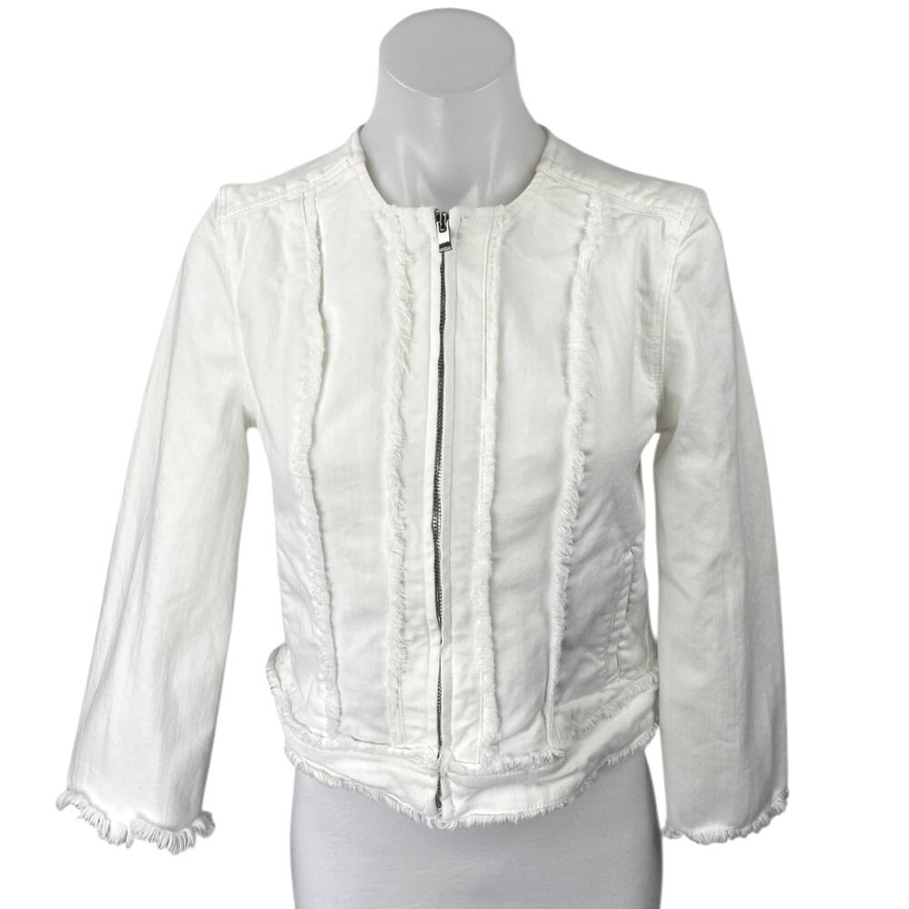 Liverpool Women's White Frayed Fringe Zip Up Long Sleeve Denim Jean Jacket Sz XS